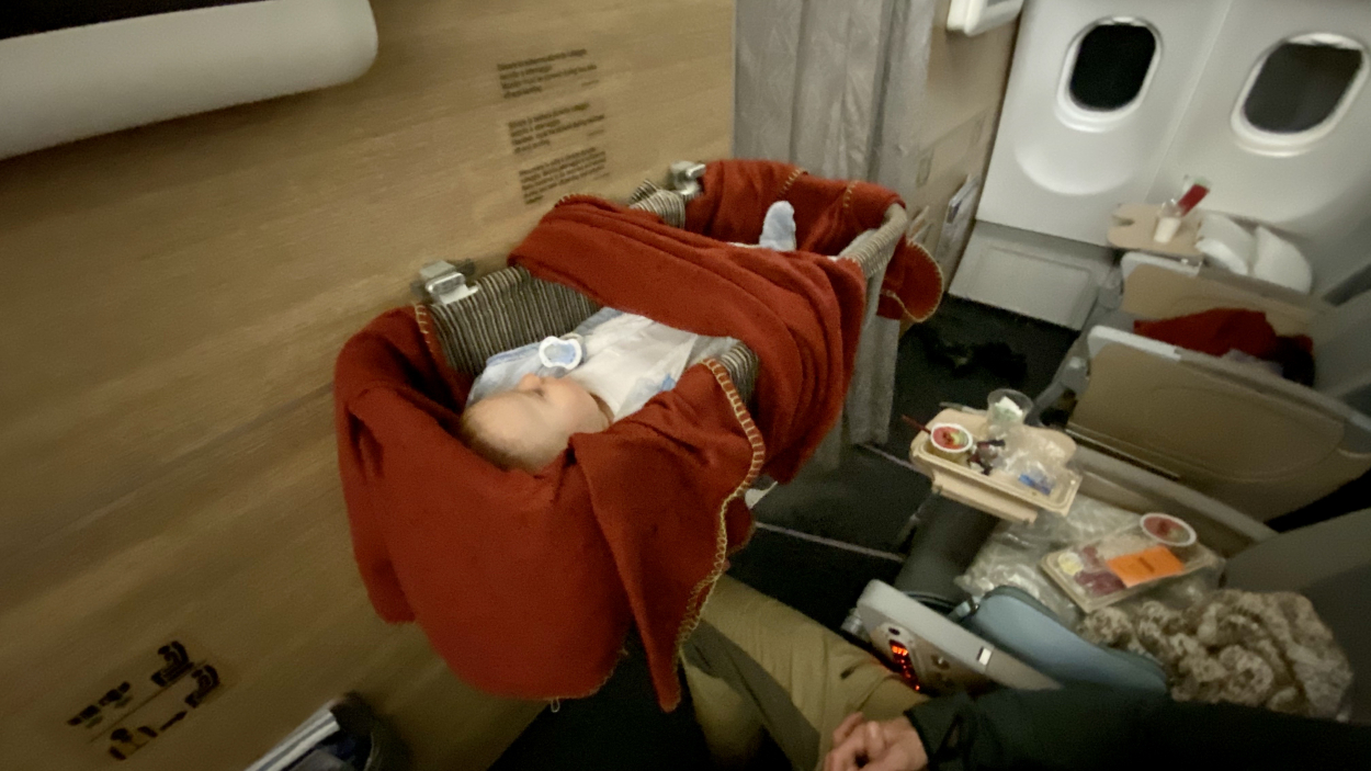 baby asleep in a bassinet on plane, one seating option when flying with a baby